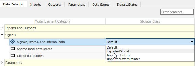 Code Mappings editor with Data Defaults tab selected, Signals tree node expanded, and storage class for Signals, states, and internal data set to ExportedGlobal.