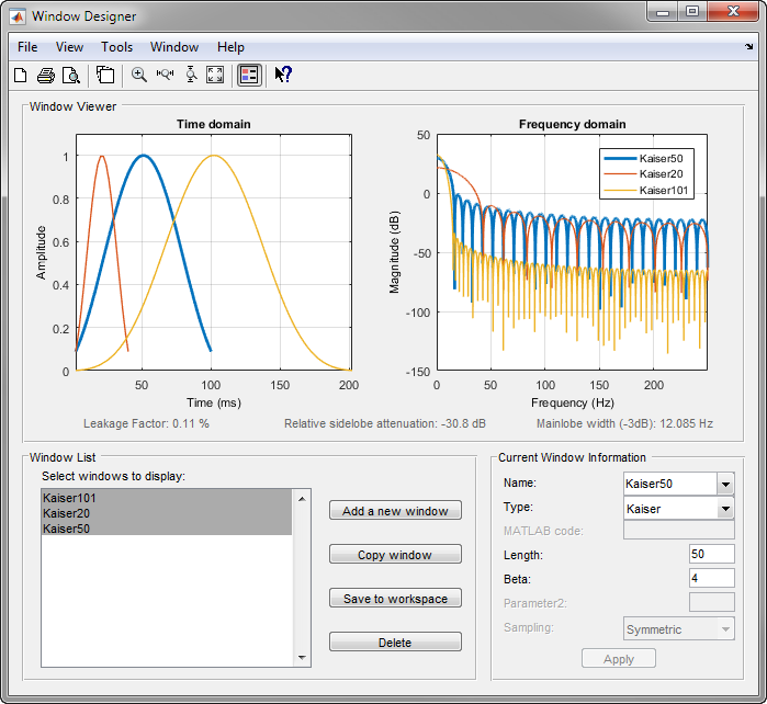 Figure Window Visualization Tool contains 2 axes objects and other objects of type uimenu, uitoolbar, uipanel. Axes object 1 with title Time domain, xlabel Samples, ylabel Amplitude contains 3 objects of type line. Axes object 2 with title Frequency domain, xlabel Normalized Frequency (\times\pi rad/sample), ylabel Magnitude (dB) contains 3 objects of type line. These objects represent Kaiser50, Kaiser20, Kaiser101