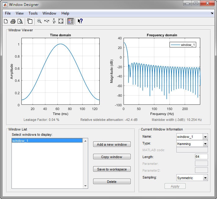 Figure Window Visualization Tool contains 2 axes objects and other objects of type uimenu, uitoolbar, uipanel. Axes object 1 with title Time domain, xlabel Samples, ylabel Amplitude contains 1 object of type line. Axes object 2 with title Frequency domain, xlabel Normalized Frequency (\times\pi rad/sample), ylabel Magnitude (dB) contains 1 object of type line. This object represents window_1