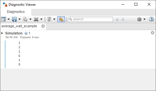 Snapshot of the Diagnostic Viewer dialog box that displays the time elapsed between the entry and exit of six entities, in the form of a list.