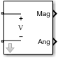 Outport block icon with Sensor type set to Ideal voltage, Output parameter set to Magnitude and Angle Baseband, and Ground and hide terminal is Off.