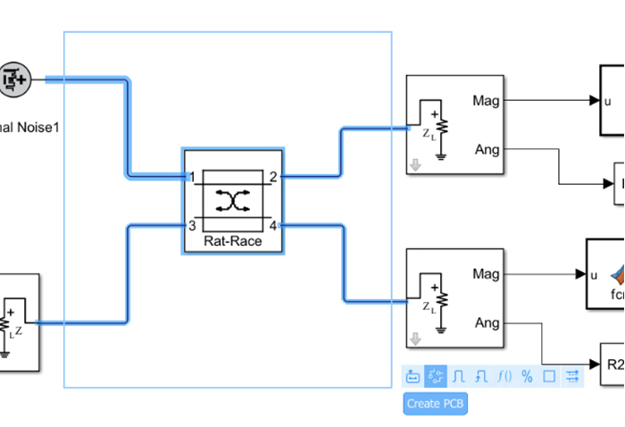 The create PCB button is selected from the Simulink multi-selection action bar.