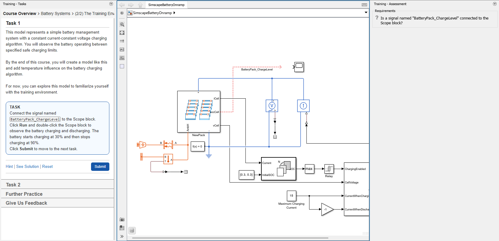 Simscape Battery Onramp describes the task, displays an interactive model, and assesses whether the model matches the requirements set by the training.