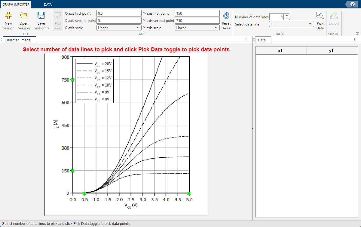 Graph Importer window with axes reference points specified
