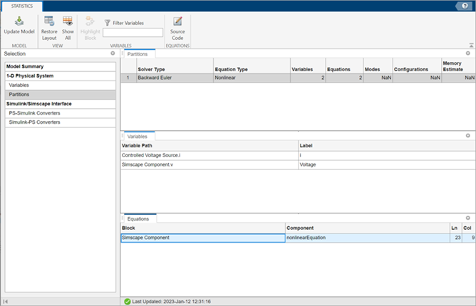 Statistics Viewer window shows the nonlinear variable is the current, i.