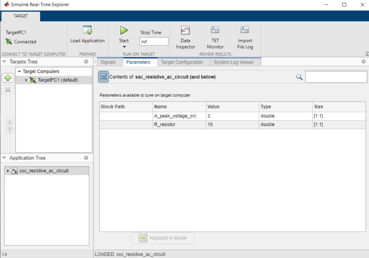 Simulink Real-Time Exporer window. The Parameters tab shows A_peak_voltage_src and R_resistor, their values, data type, and size.