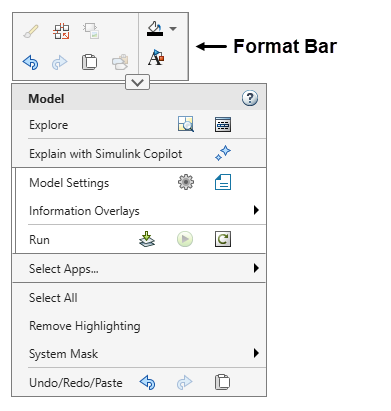Top Model context menu with the format bar expanded