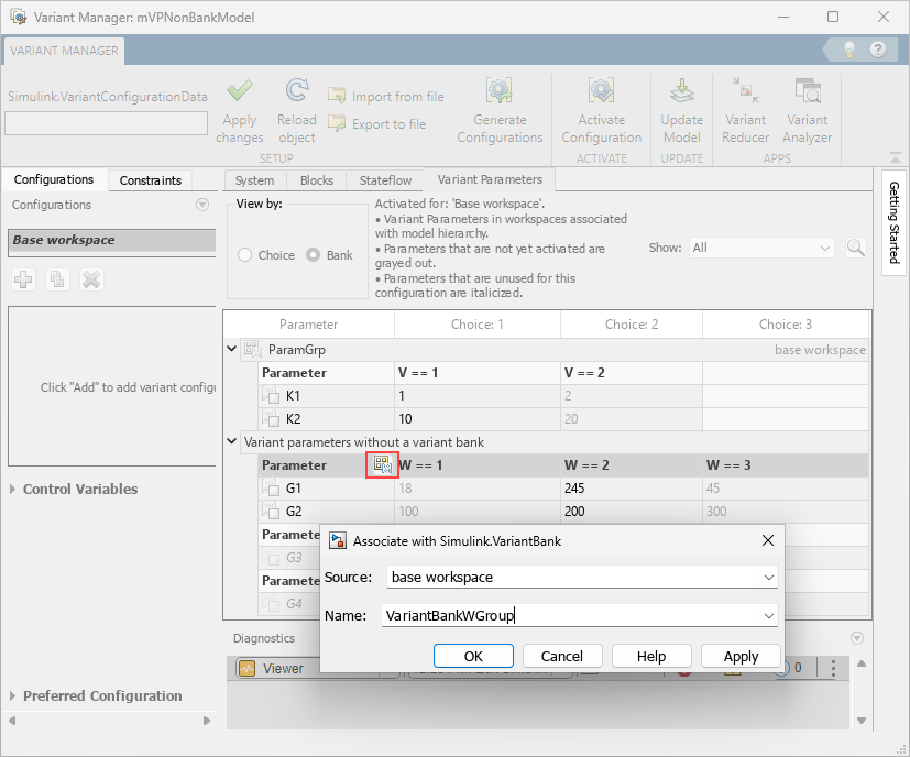 Variant Manager showing the Variant Parameters tab. The Create Simulink.VariantBank button is highlighted. The Associate with Simulink.Variant Bank dialog box shows option to name or select the bank.