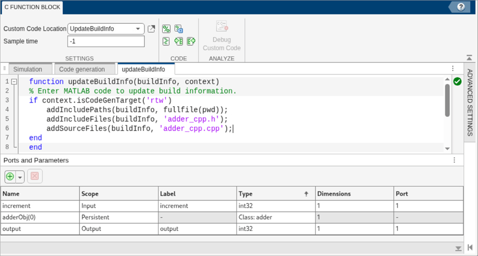 updateBuildInfo function used in the C Function block to specify source file, add source file path and code generation target to rtw (Simulink Coder.