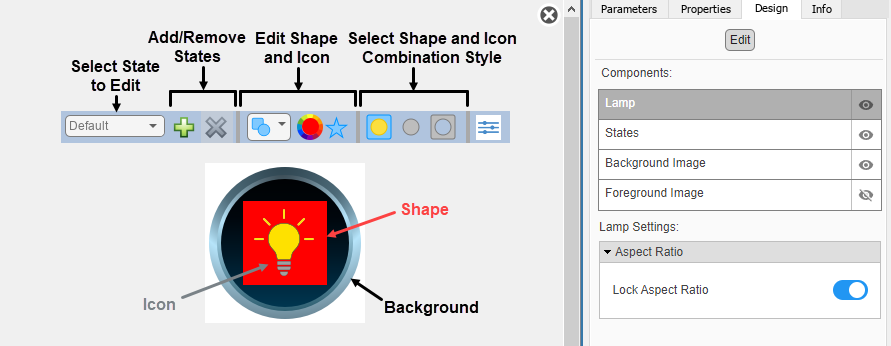 Customizable Lamp block in design mode with the toolbar and the Design tab in the Property Inspector visible.