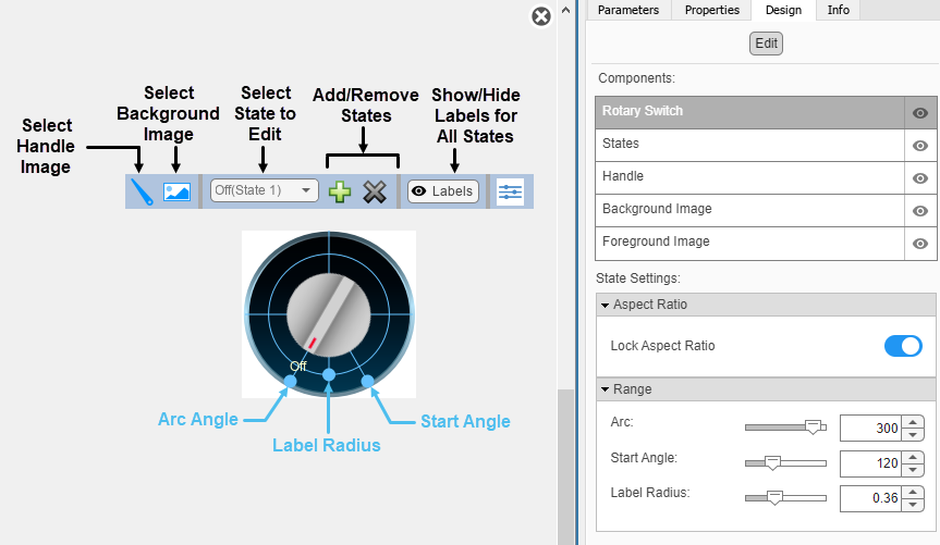 Customizable Rotary Switch block in design mode with the toolbar and the Design tab in the Property Inspector visible.