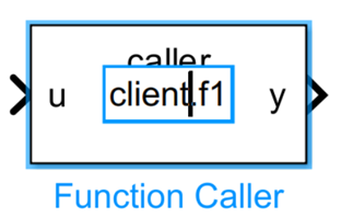 Function Caller block with qualified function name selected on the block icon. User is typing a new value, client.f1.