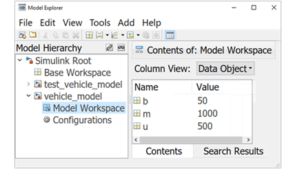 Model Explorer window showing the model hierarchy in the left pane with the drop-down list of the variable vehicle_model expanded, and the Model Workspace option in that list selected