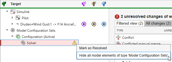 Cursor pointing to the context menu option "Hide all model elements of type" in the Target pane.