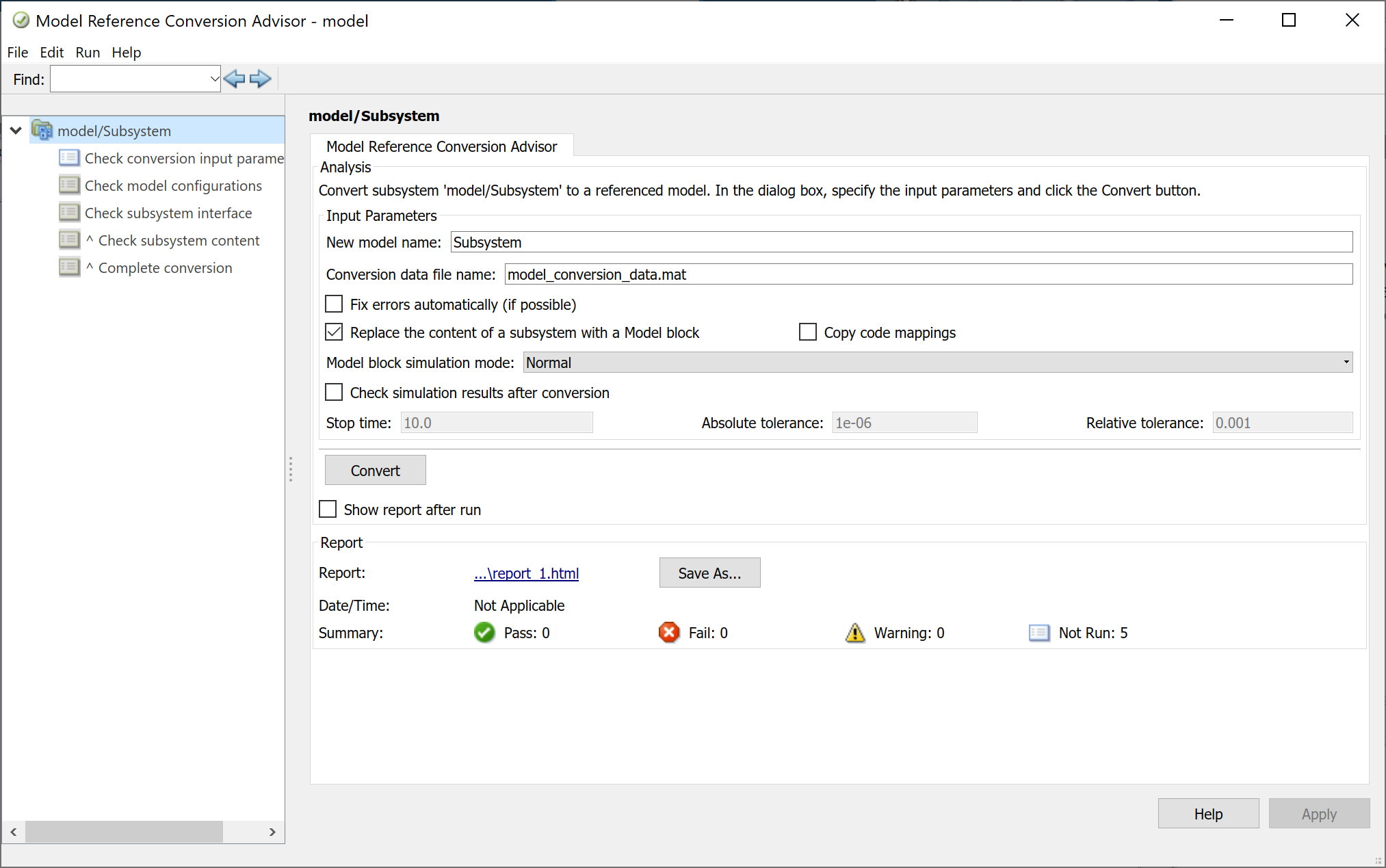 The Model Reference Conversion Advisor window.