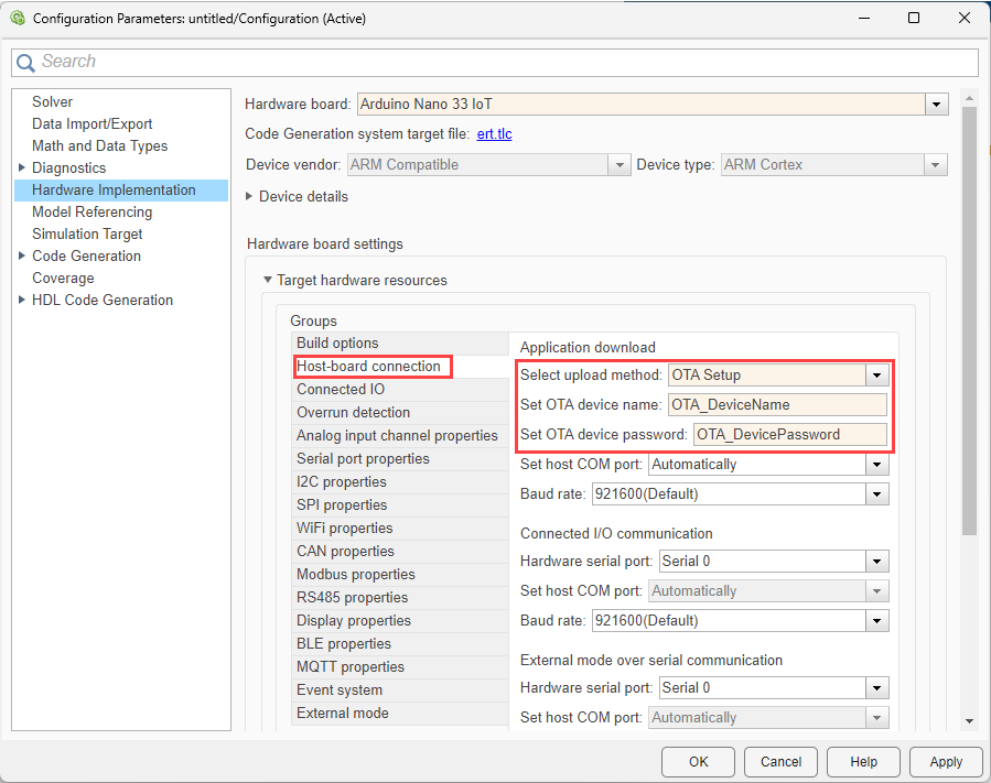 Configuration Parameters for OTA Setup Mode