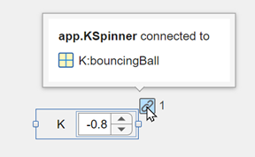 Spinner in App Designer with a blue binding icon in the top-right corner. The mouse is pointing to the binding icon and a pop-out contains the text: "app.KSpinner connected to K:bouncingBall".