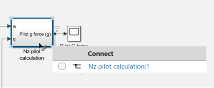 Connection options in Simulink for a block that has a logged signal output