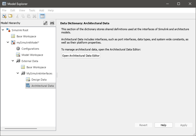 Model Explorer with the architectural data node selected.