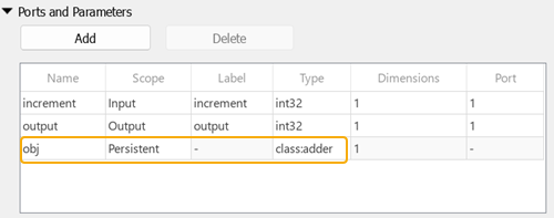 Excerpt of C Function block dialog, showing Symbols table with symbol named "obj" with Persistent scope and Type "Class: adder".