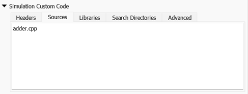 Specify custom source file locally in C Function block parameters dialog box. The following text is entered in the field: adder.cpp.