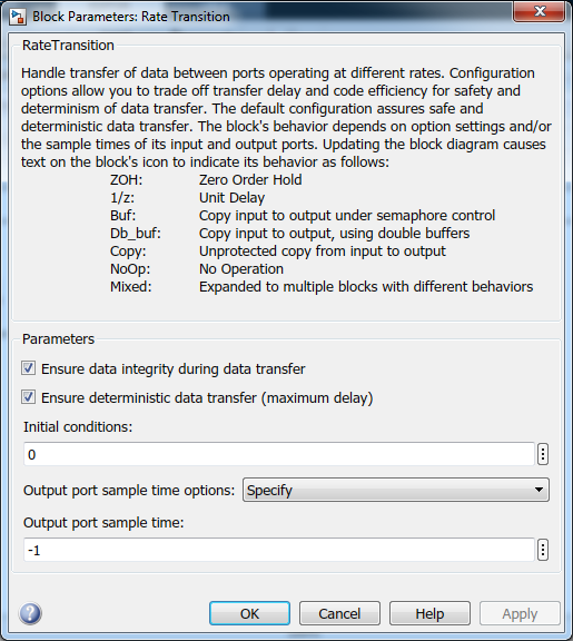 Block Parameters dilog box for Rate Transition block