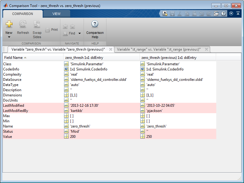 Comparison Tool dialog box with the Comparison tab open on the toolstrip. The Comparison tab has a tab for each of the changed entries. The changed values are highlighted.