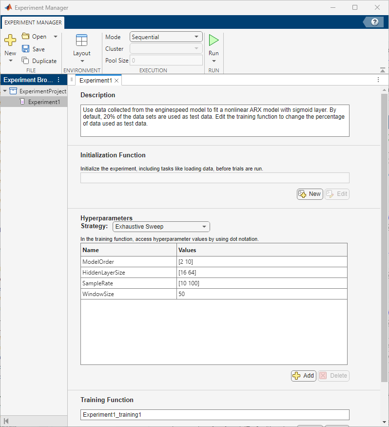 Experiment manager main window containing the Description text box, hyperparameters information, and training function used.