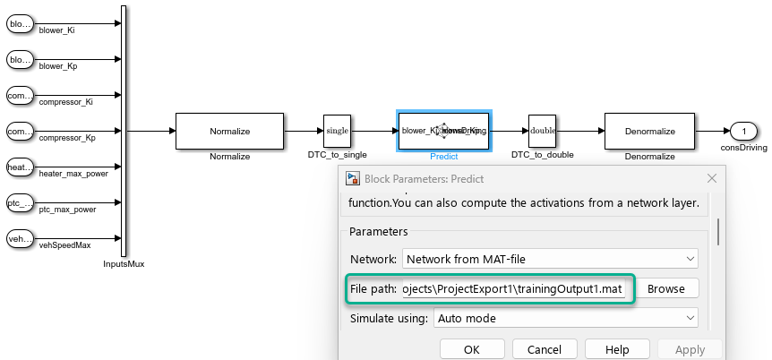 The ROM_Block subsystem showing the inputs, the Mux block, the Normalize subsystem, the Data Type Conversion blocks, the Predict block, the Denormalize subsystem, and the output. The Block Parameters dialog box of the Predict Model block highlighting the File path parameter is also shown.