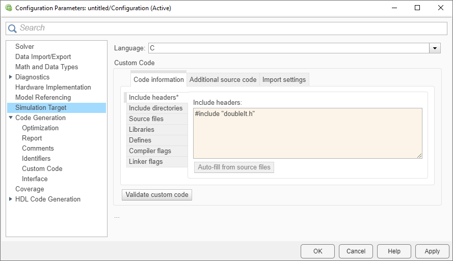 This image shows the Simulation Target pane. The text #include "doubleIt.h" has been included in the Include headers section.