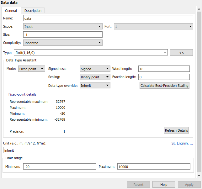 This image shows the fixed-point details for variable named data.