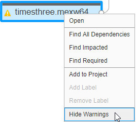 In the graph, right-click the node that displays a warning. Select Hide Warnings.