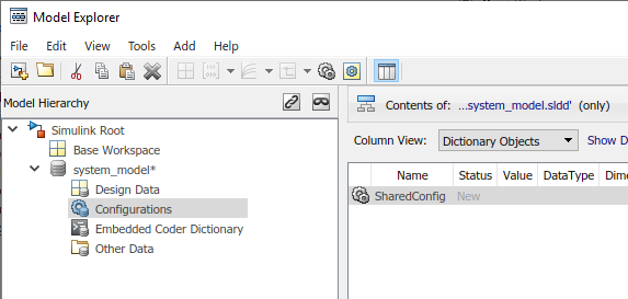 Model Explorer showing the configurations section of the model system_model. The configuration set SharedConfig is shown in the contents pane.