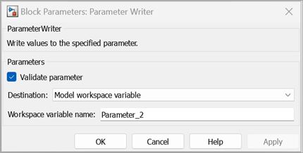 Block dialog for Parameter Writer block. "Access model workspace parameter" is selected.