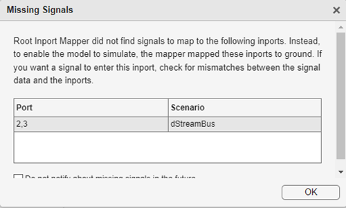 Missing Signals dialog box listing ports 2, 3 as not having mapping signals.