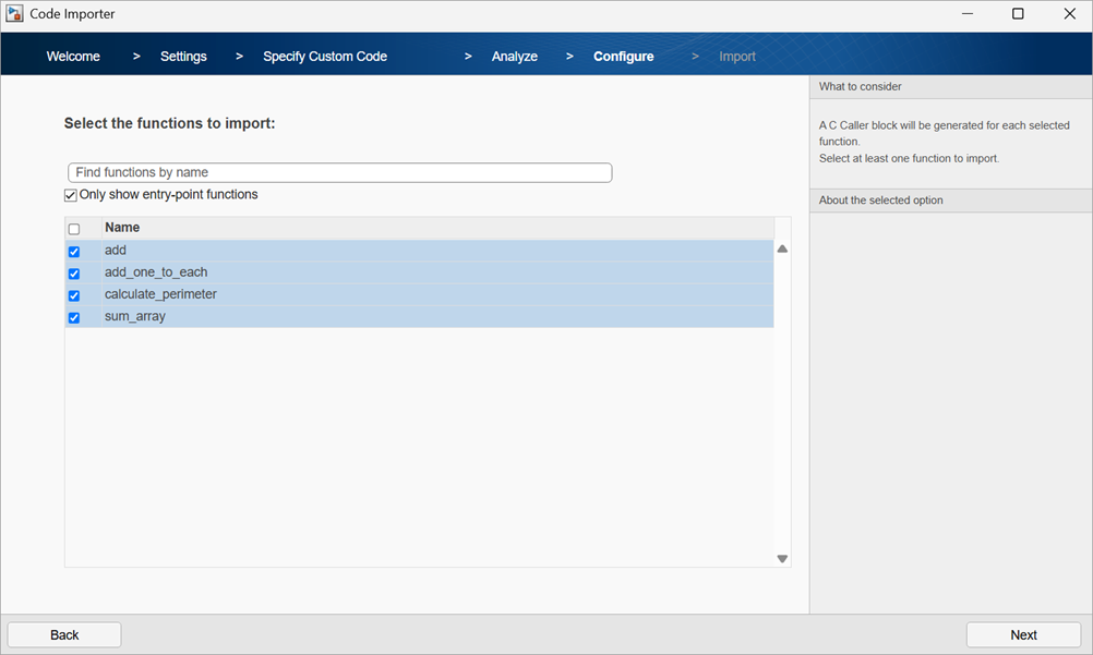Page to select the functions to import.