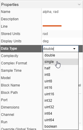 The Properties pane for the alpha, rad signal with the Data Type property drop-down menu expanded.