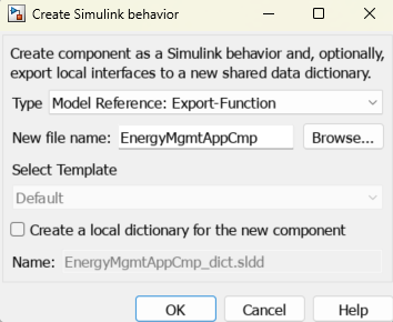 Create Simulink behavior dialog box.