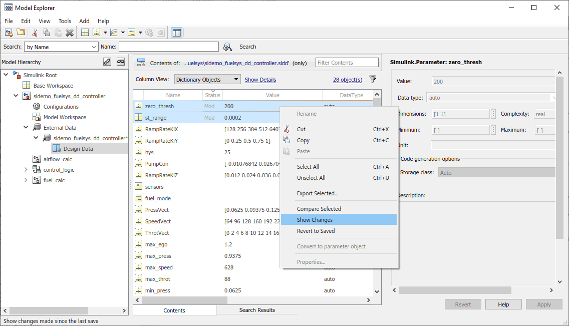 View of Model Explorer. In the Model Hierarchy pane, the Design Data node of data dictionary is selected. In the Contents pane, two modified entries in the data dictionary are selected. The context menu for the entries has the Show Changes menu item selected.