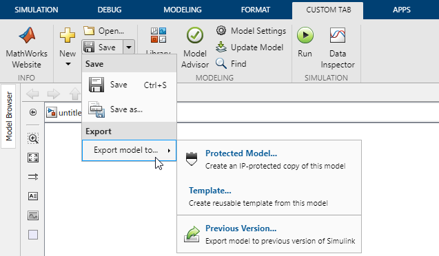 The second column of the File section contains the Save button. The pop-up list for the Save button contains two list headers, two list items, and a list item with a pop-up list. The nested pop-up list contains three list items and a list separator.