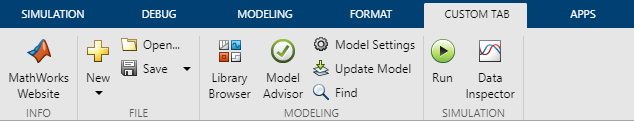 Custom tabs appear between the Format and Apps tabs of the Simulink Toolstrip. The prepopulated custom tab example has four sections: File, Library, Modeling, and Simulation.