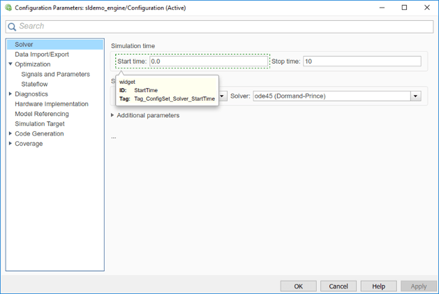 In the Configuration Parameters dialog box, the pointer is paused on the Start time text box. A tooltip lists the widget ID as StartTime and the tag as Tag_ConfigSet_Solver_StartTime.