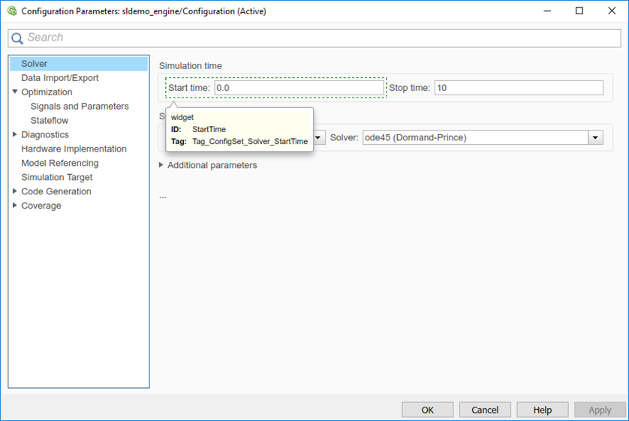 In the Configuration Parameters dialog box, the pointer is paused on the Start time text box. A tooltip lists the widget ID as StartTime and the tag as Tag_ConfigSet_Solver_StartTime.