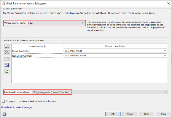 Variant Subsystem block parameter dialog box with Variant control mode set to label