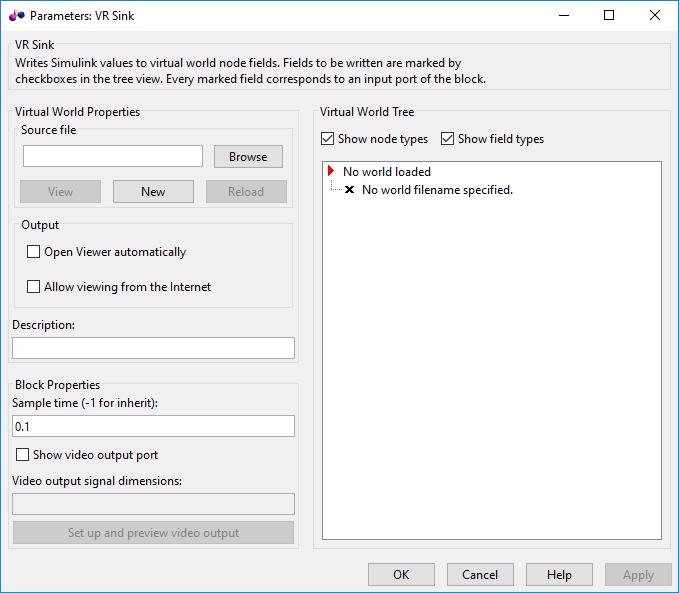 VR Sink block parameters dialog box.