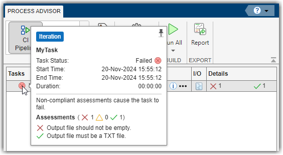 Task status with results from each assessment
