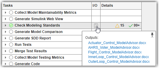 Process Advisor I/O column showing DOCX reports from the Check Modeling Standards task