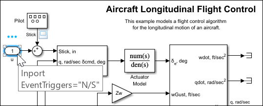 Simulink canvas with "u" Inport block selected