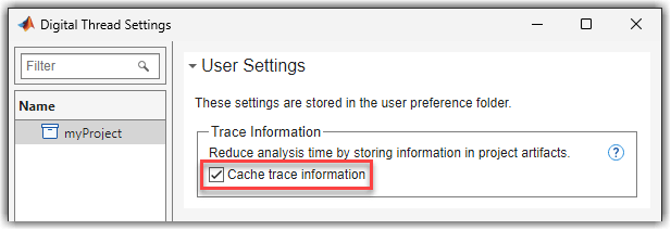 Digital Thread Settings showing the Cache trace information checkbox selected