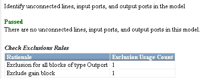 The check passed and the two exclusions are listed in the Check Exclusions Rules table